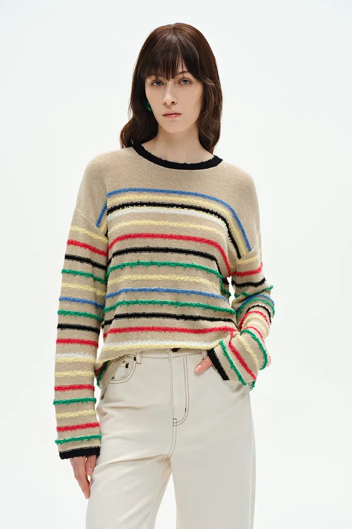 Blair Rainbow Striped Sweater in Linen Blend Knit