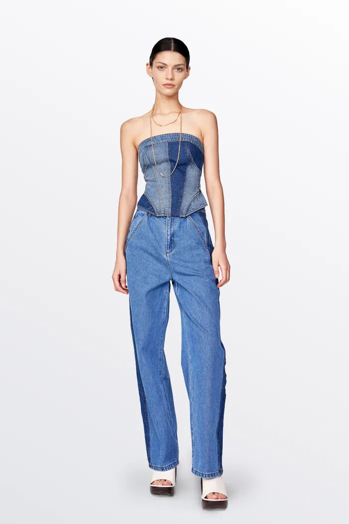 Calypso Patchwork Bustier in Cotton Denim