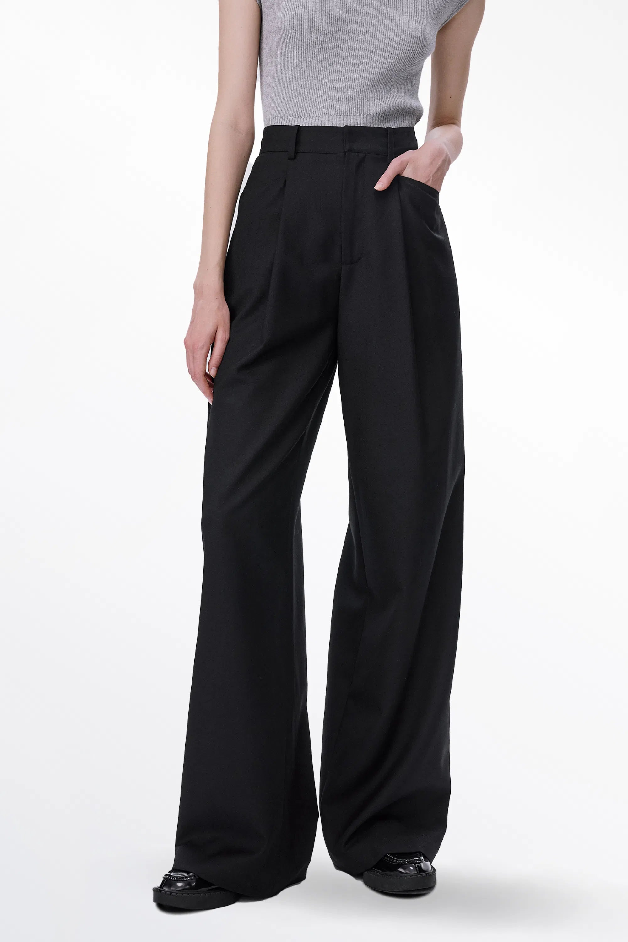 Ezra Wide Leg Trousers in Wool Twill