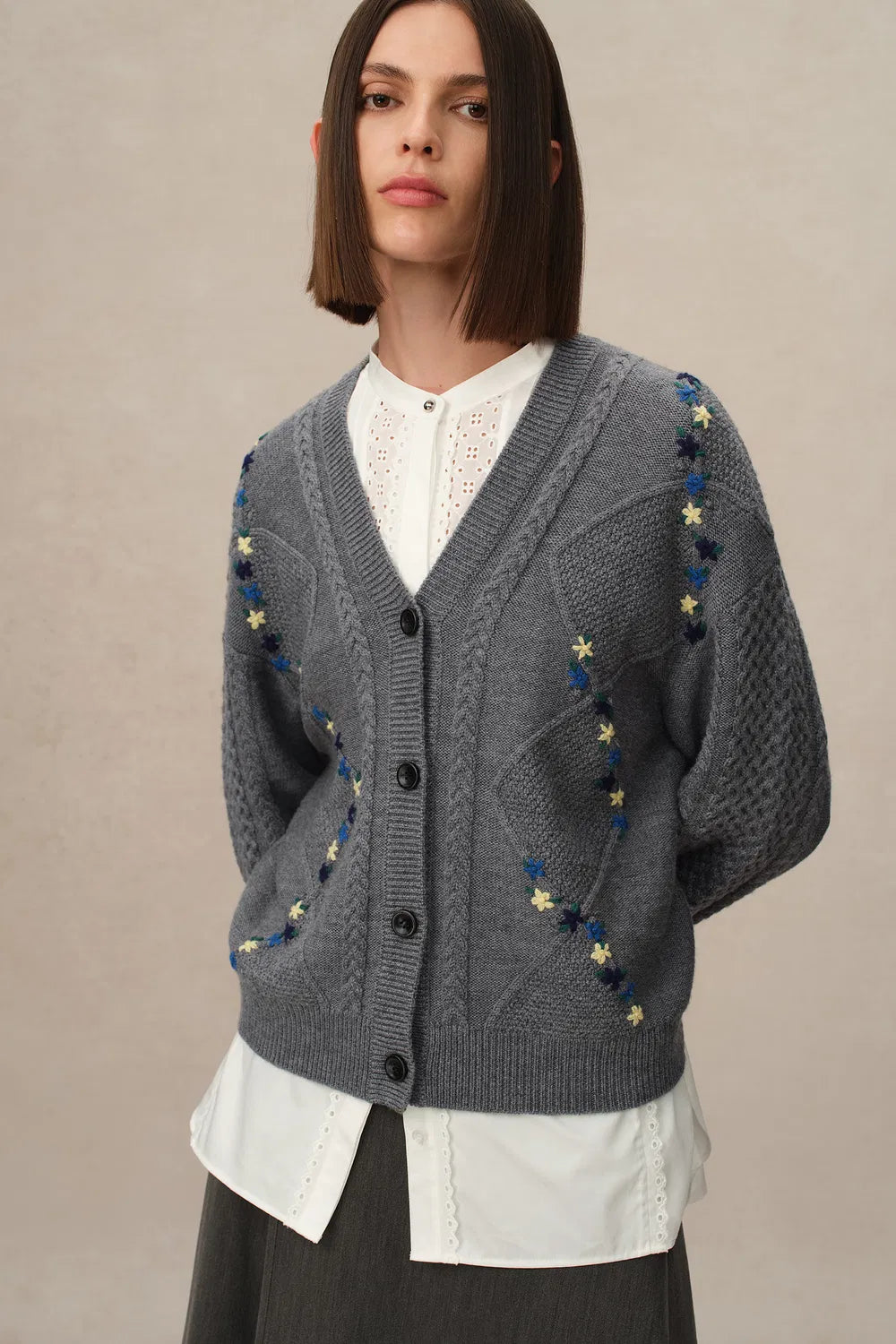 Olivia Floral Cable Cardigan in Merino Wool Cable Knit