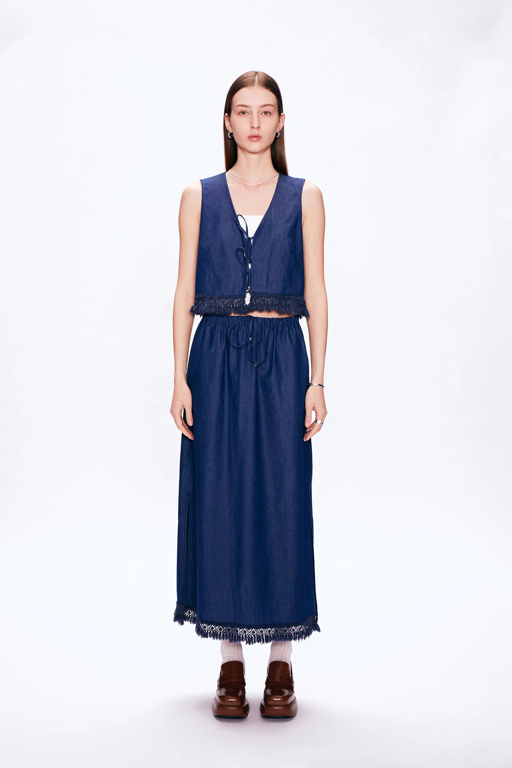 Velia Handcrafted Tassel Vest and Skirt Set in Cotton Denim