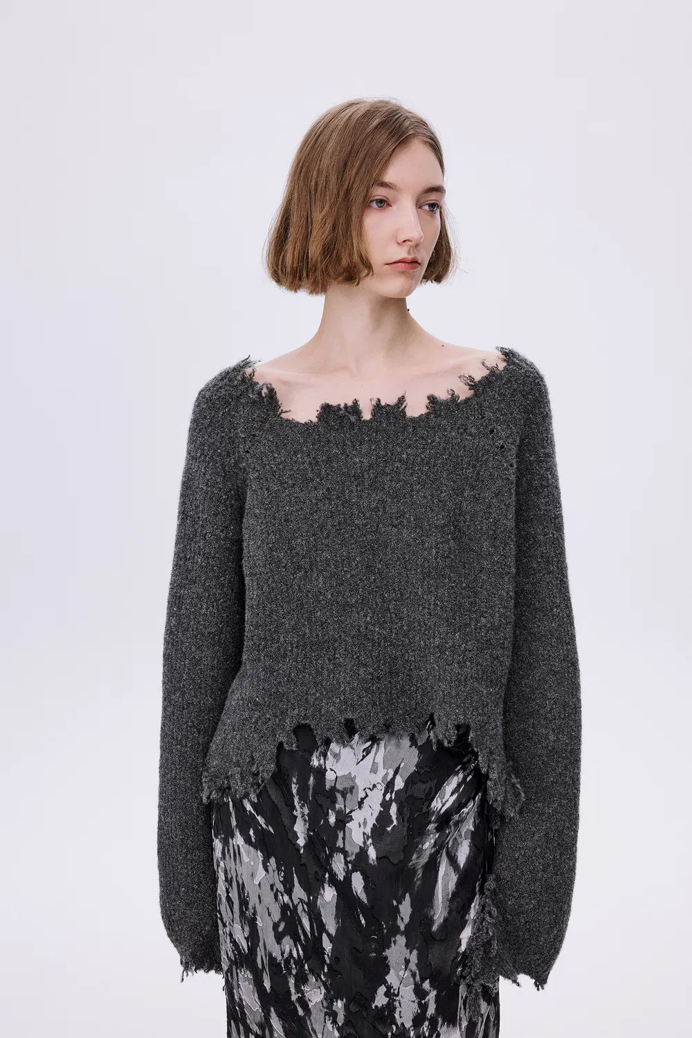 Diya Frayed Edge Sweater in Wool Loop Knit