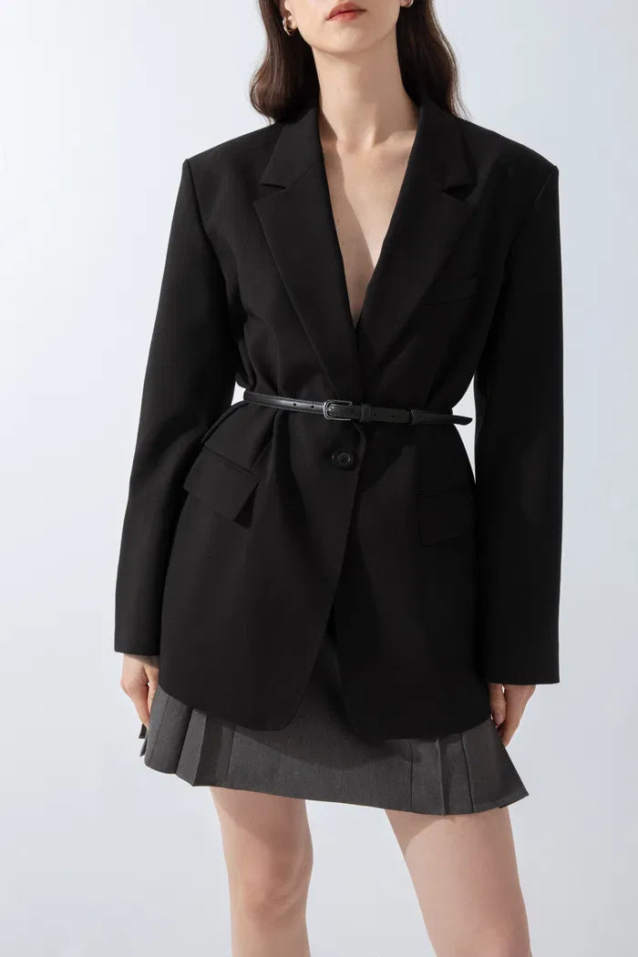 Bella Black Detachable Belt Blazer in Viscose Blend