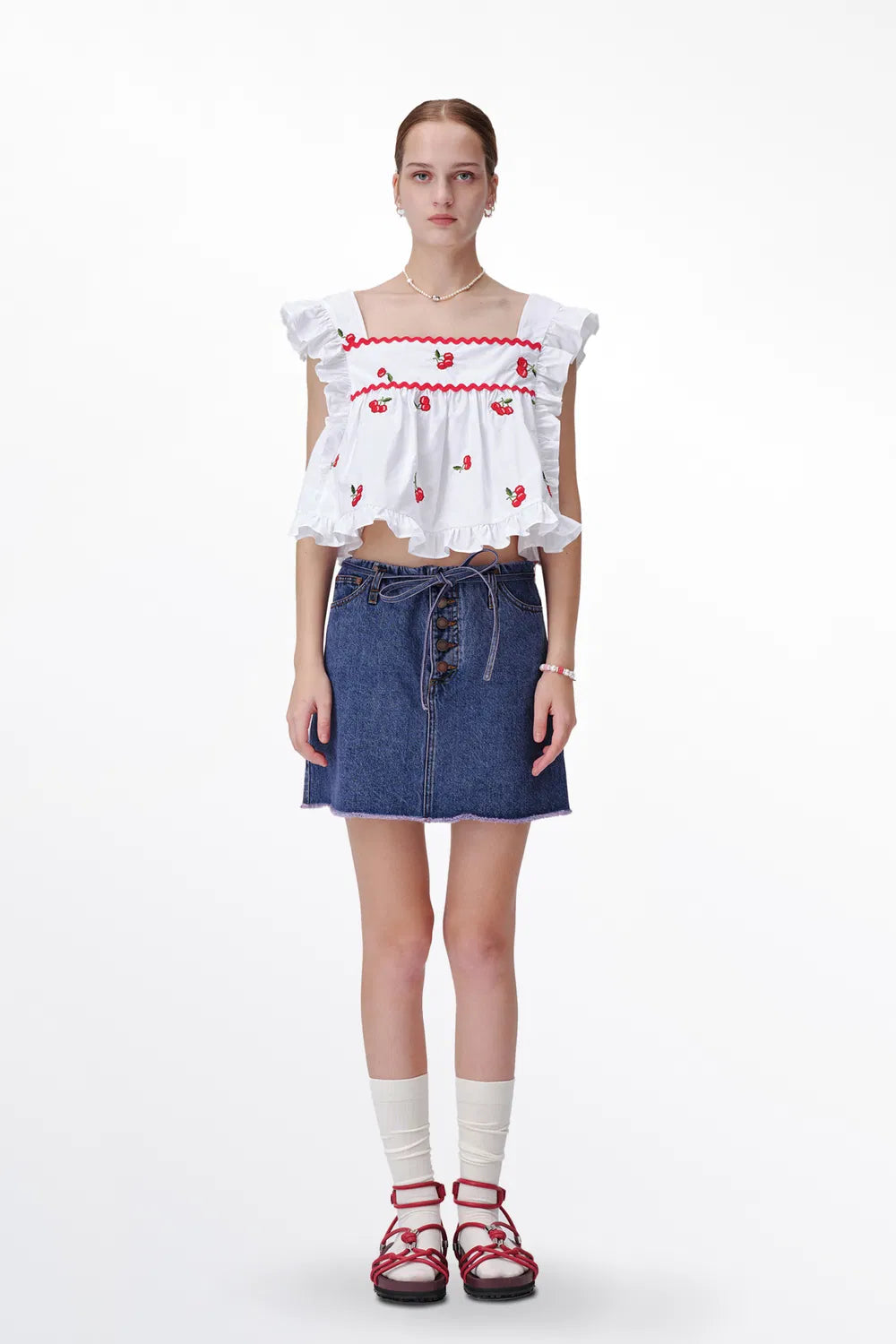 Elena Ruffled Hem Cherry Embroidery Sleeveless Top in Cotton