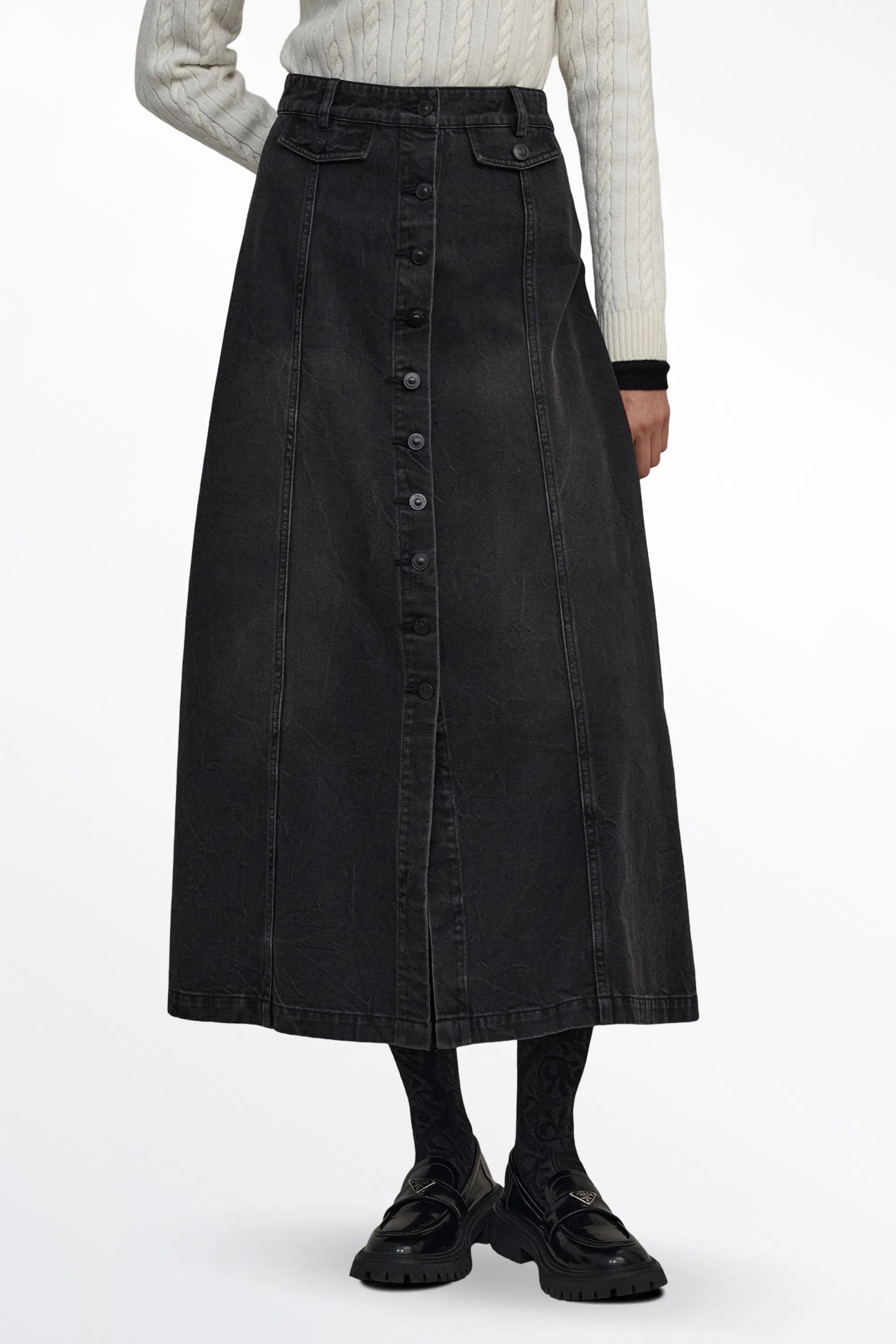 Corrine Midi Skirt in Washed Cotton Denim