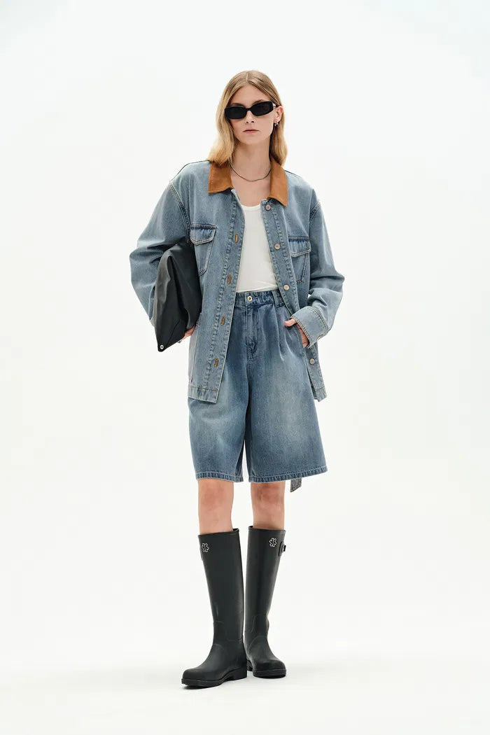 Nora Pleated Bermuda Denim Shorts in Acetate-Cotton Denim