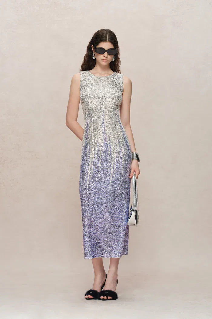 Tulip Silver Ombré Midi Dress in Stretch Sequin Mesh