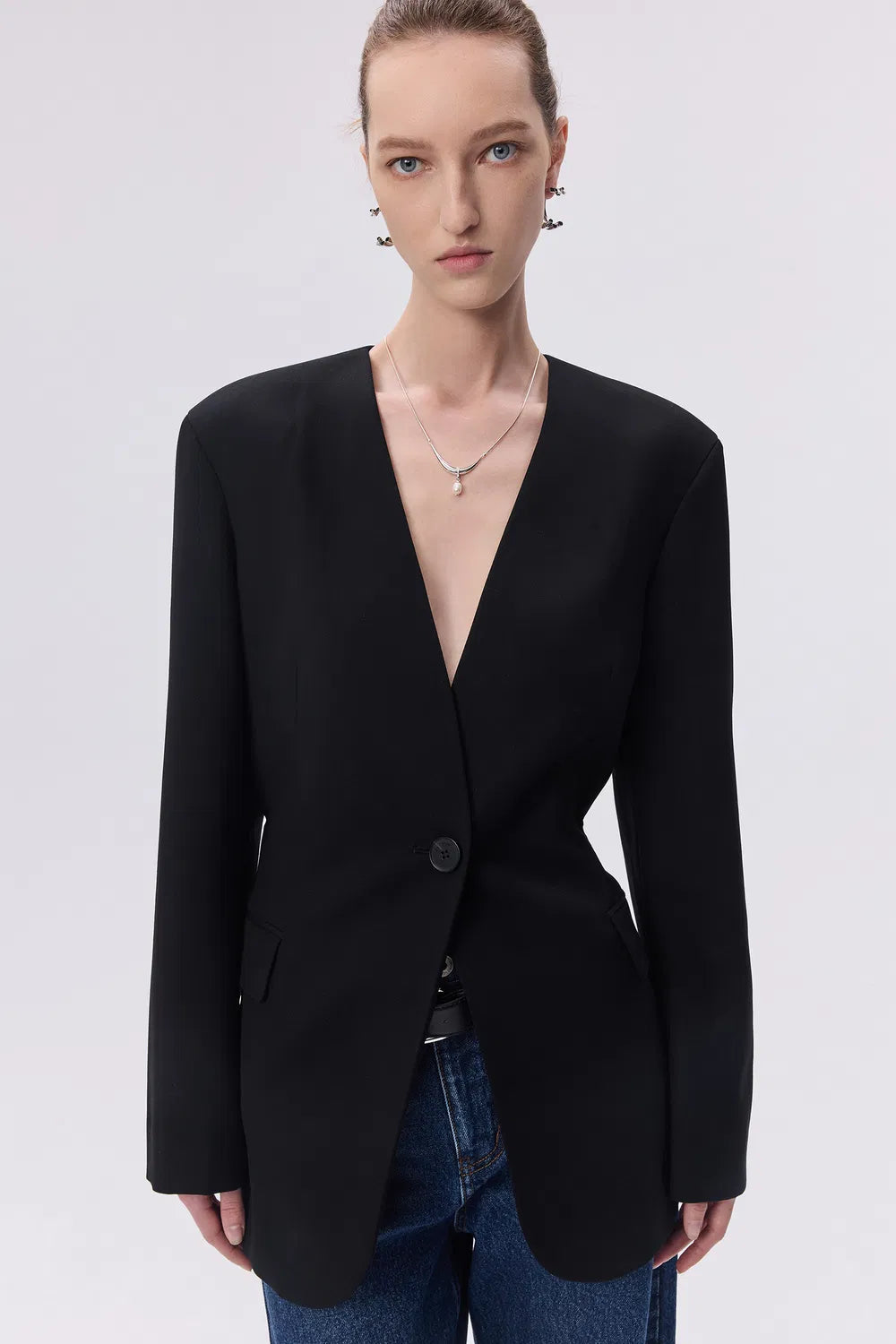 Marble Cinched Waist Collarless Blazer in Wool Suiting