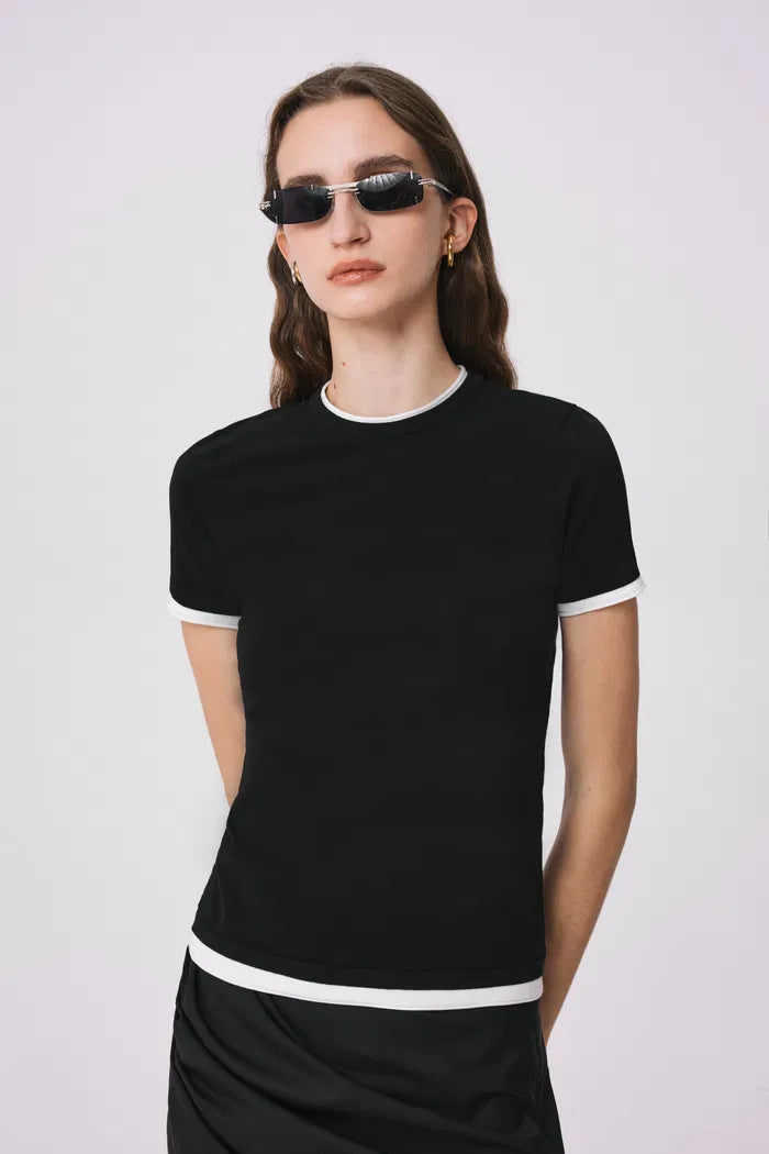 Roll Contrast Edge T-Shirt in Cotton Blend