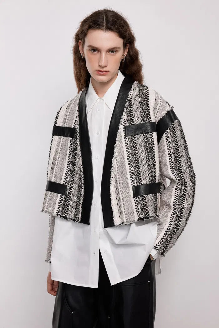 Zhupan Leather-Trimmed Short Coat in Italian Striped Jacquard Tweed