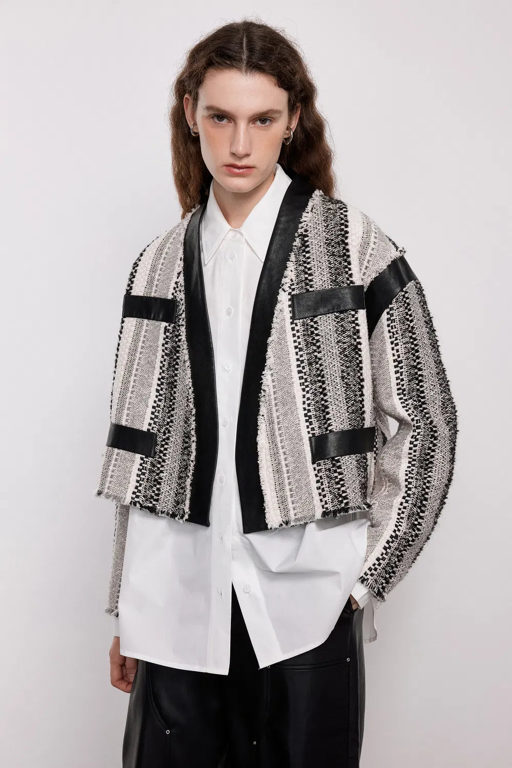 Zhupan Leather-Trimmed Short Coat in Italian Striped Jacquard Tweed