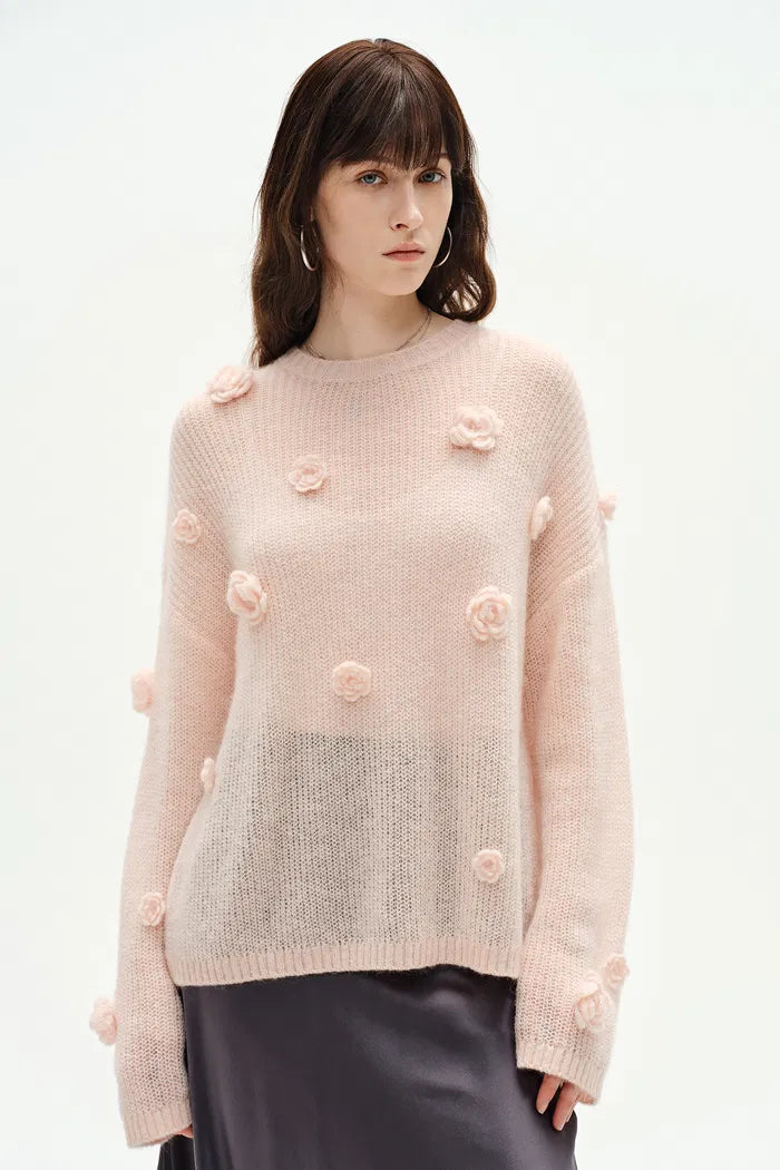 Sally Pink Handcrafted Sweater in Angora Mohair Knit