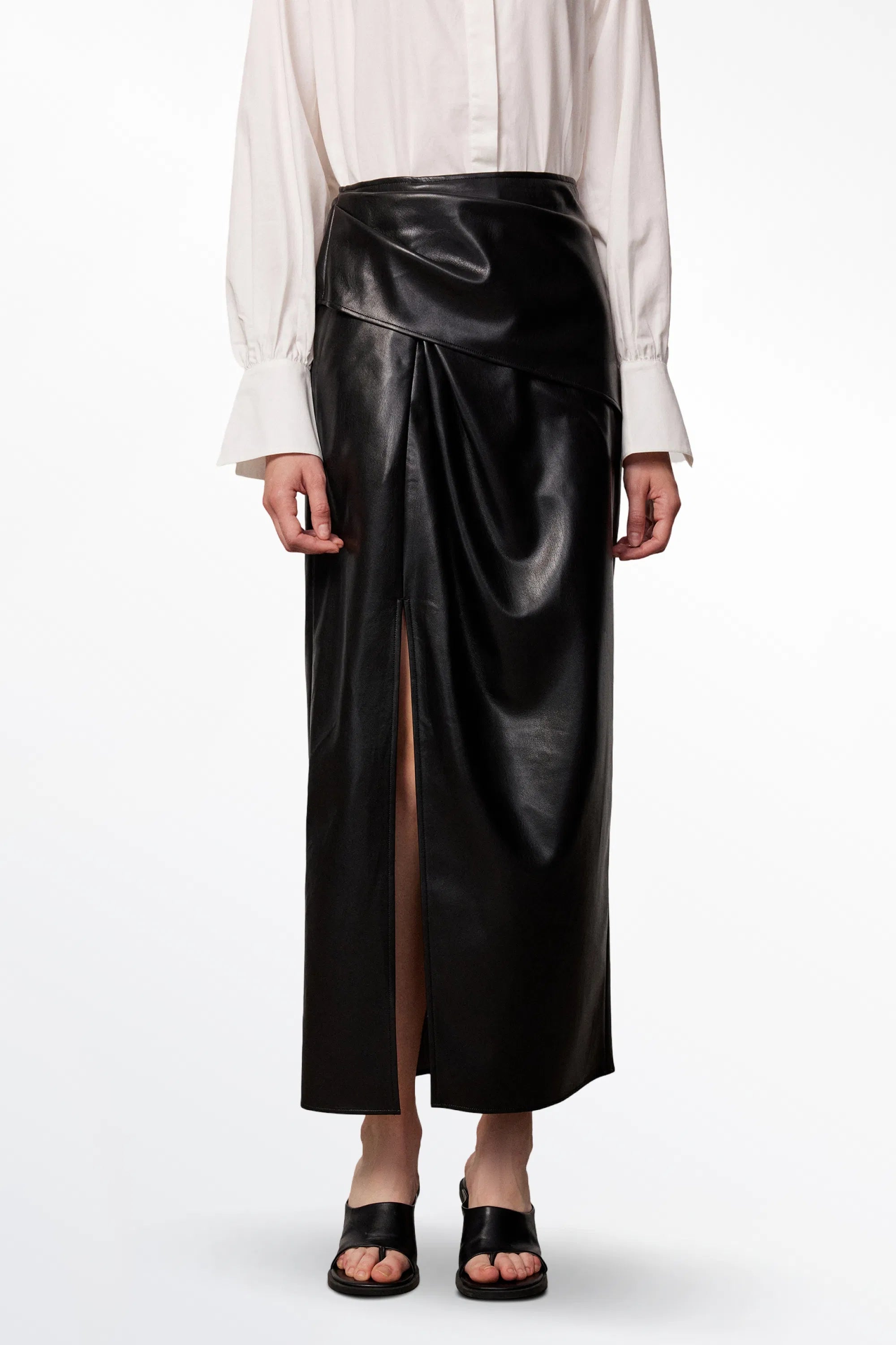 Leona Pleated Slit Skirt in Vegan Leather