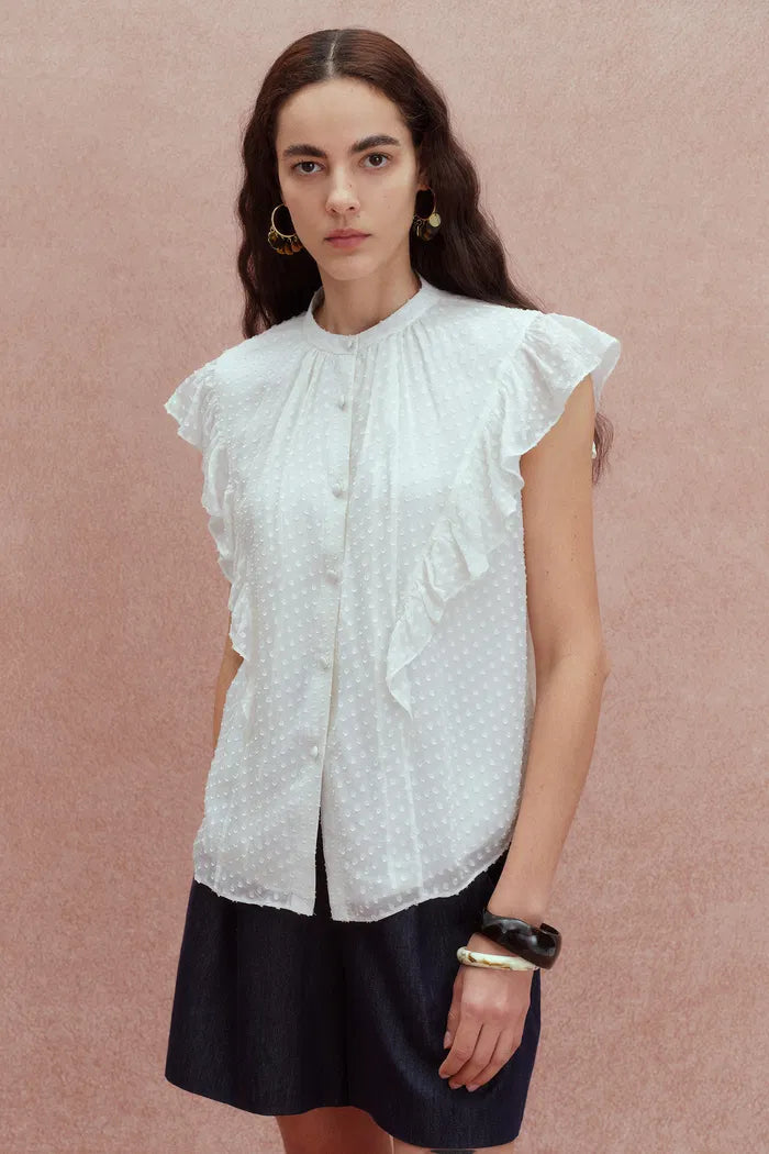 Megan Ruffle Polka Dot Shirt in Mulberry Silk Burnout Jacquard