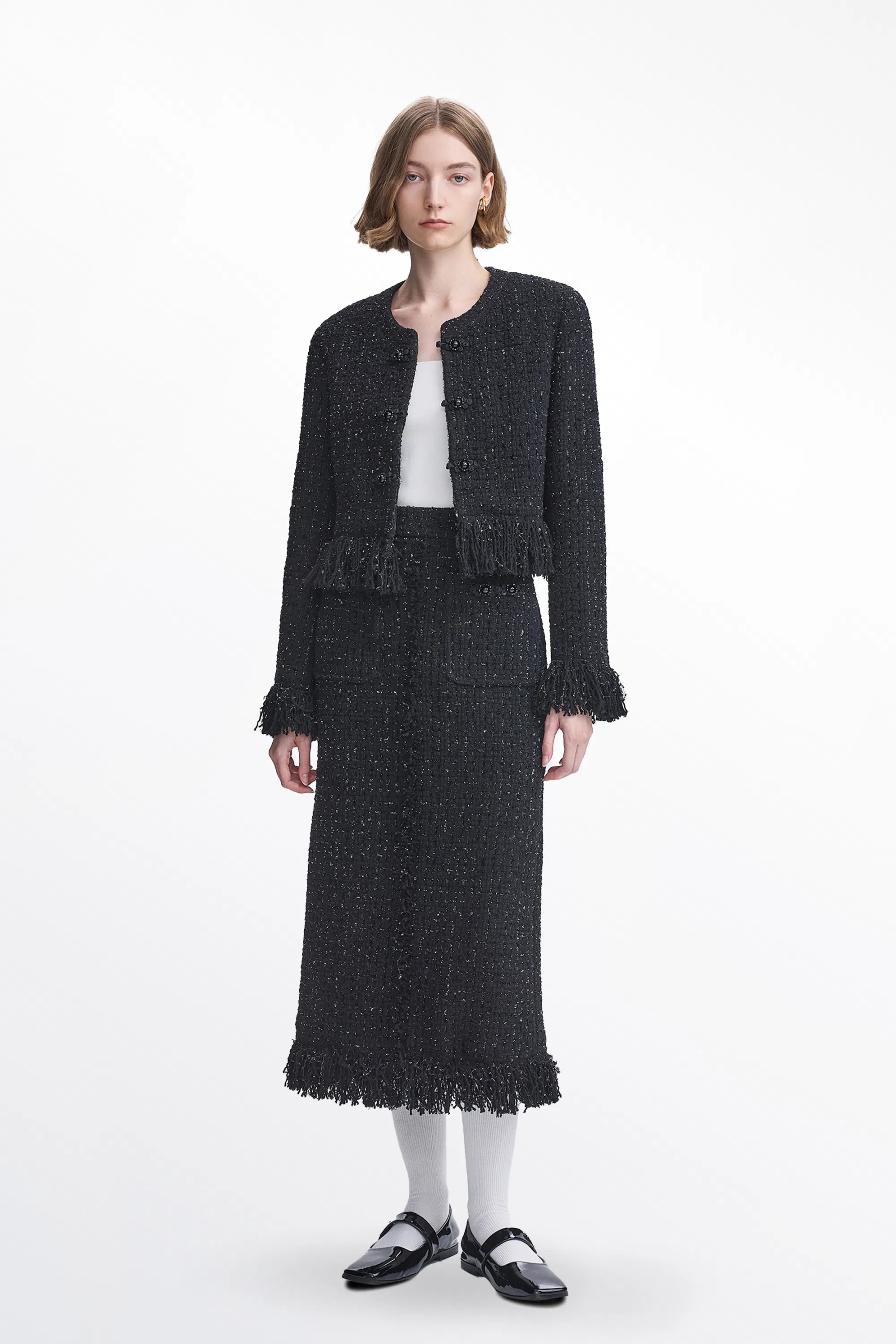 Violette Handcrafted Fringe Jacket in Lambswool Lurex Tweed