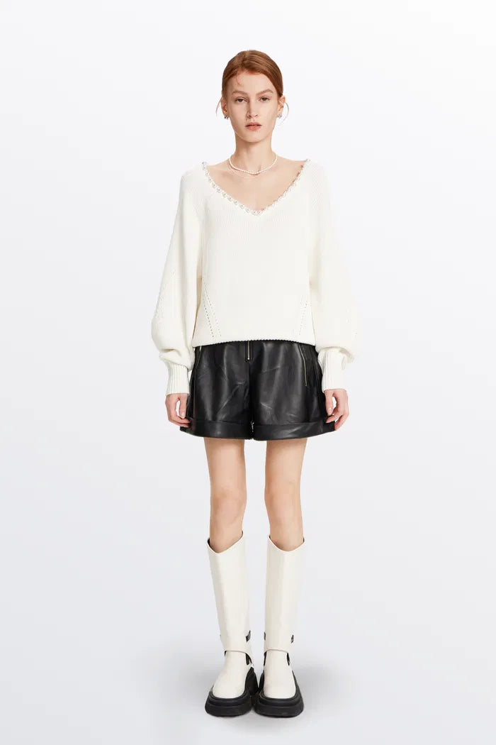 Cassidy Pearl-Embellished Knit Sweater in Cotton Blend