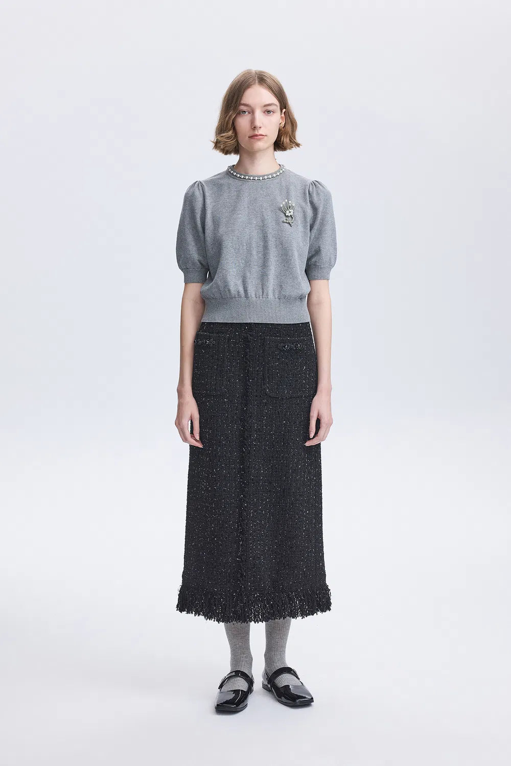 Orchidée Fringe Midi Skirt in Wool-Lurex Tweed