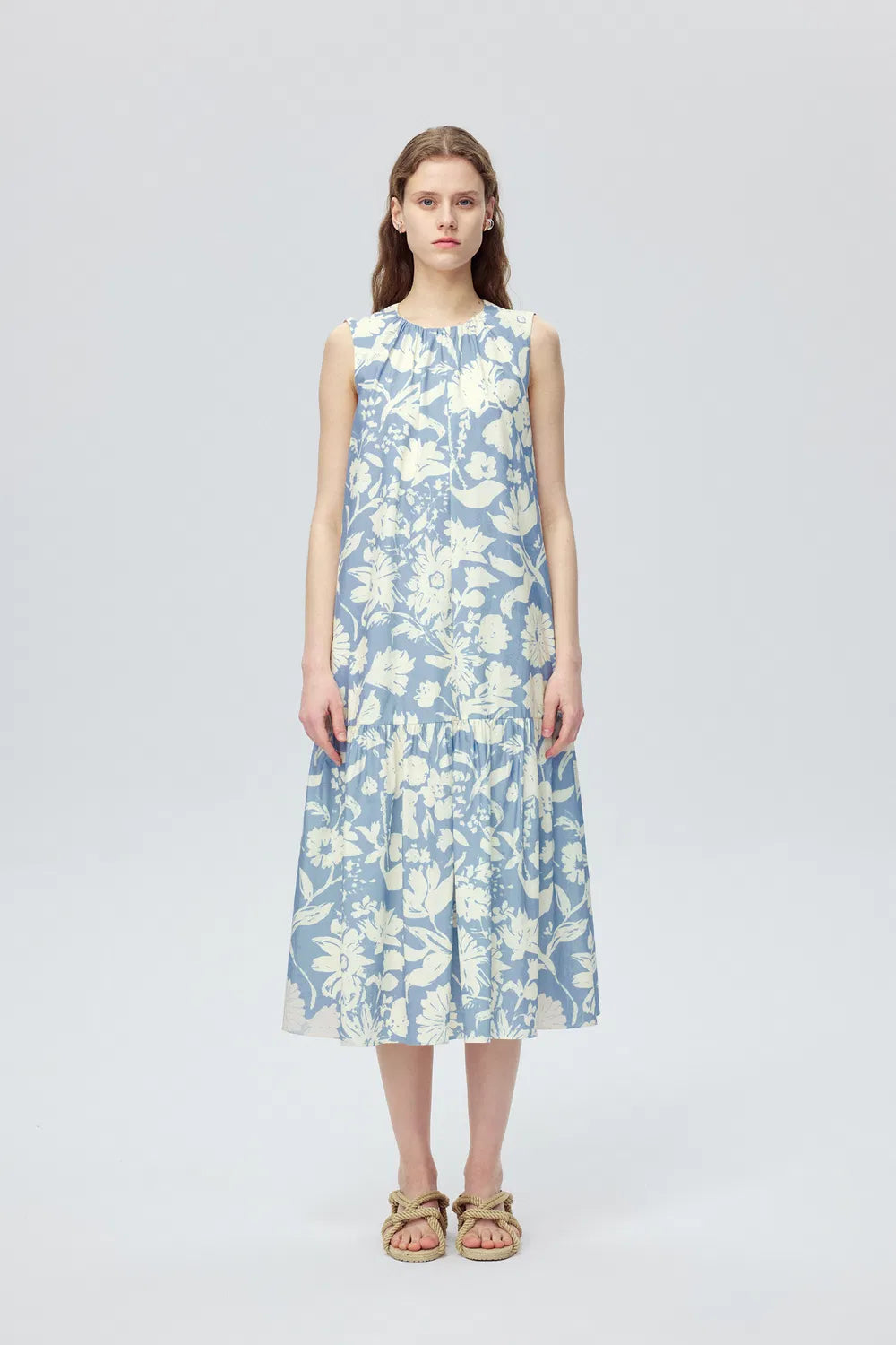 Sky Flora Print Sleeveless Dress in Cotton Poplin