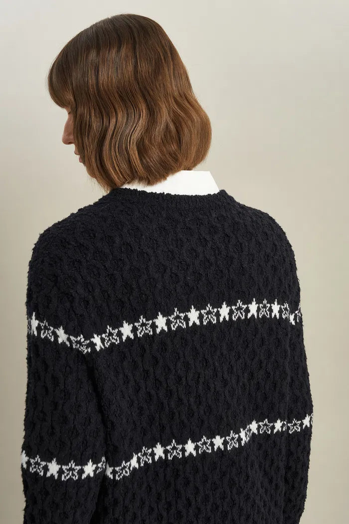 Star Walker Black Fair Isle Pullover in Viscose Wool Pom-Pom Yarn Knit