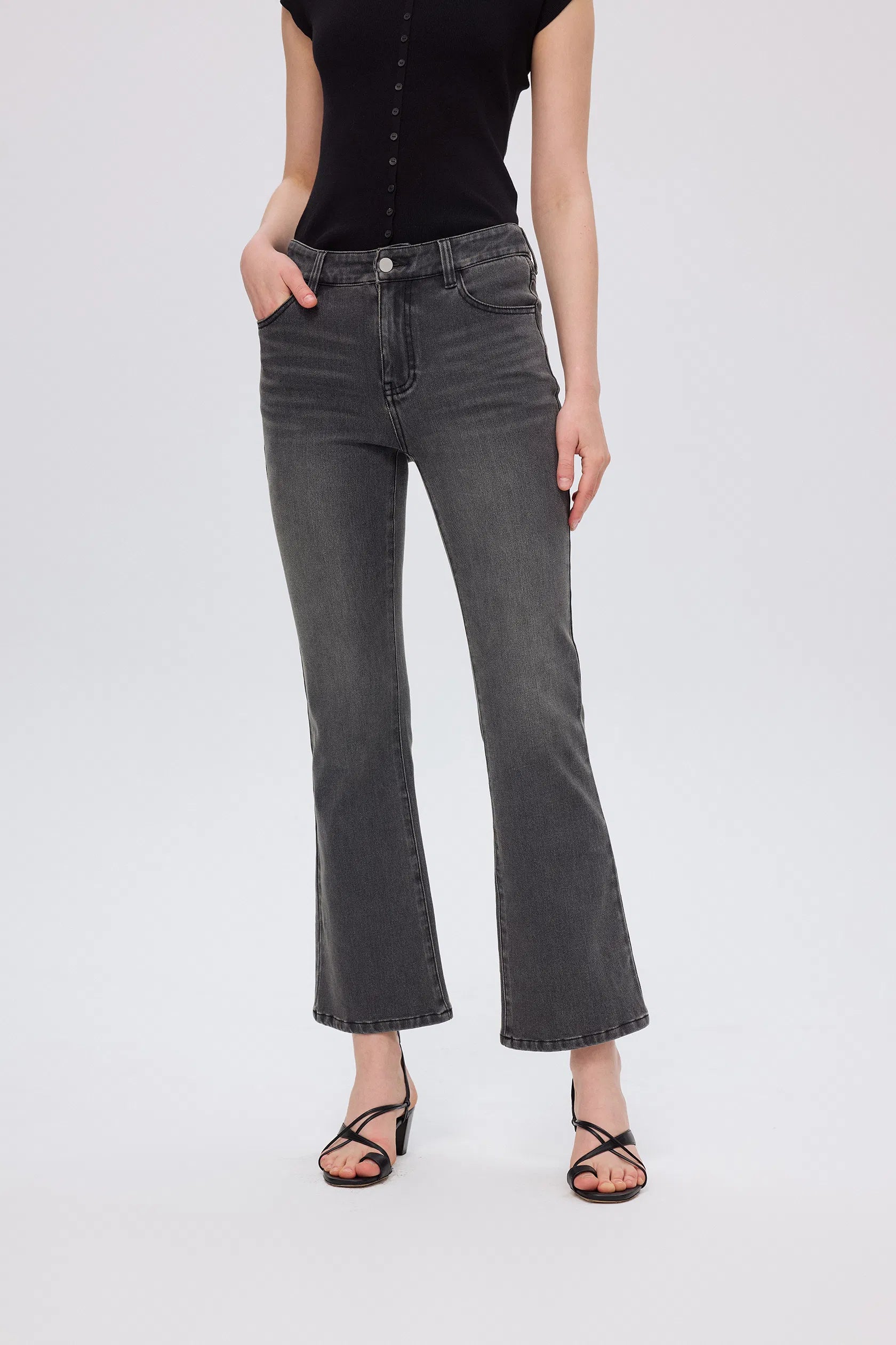 Nora Cropped Bell Bottom Jeans in Cotton Blend Denim