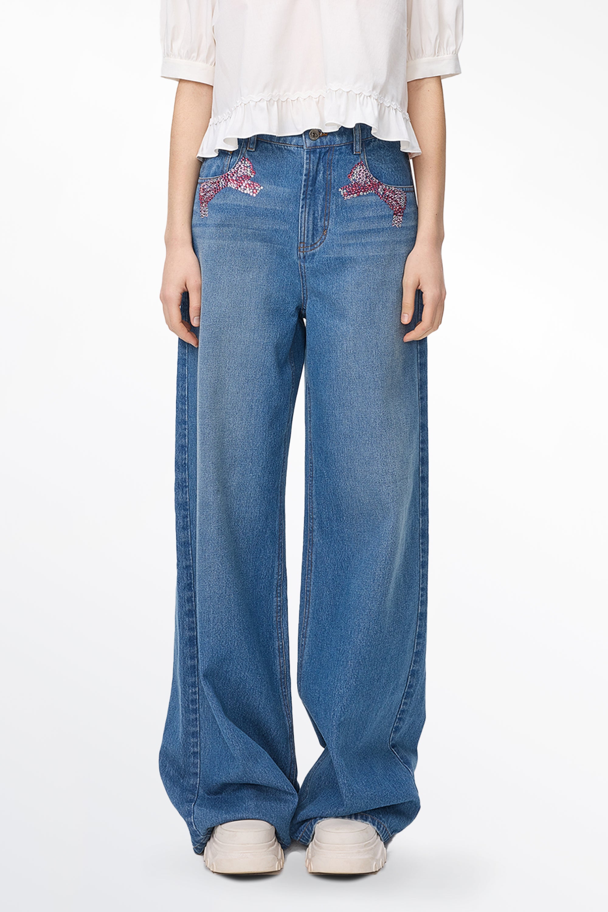 Oliphia Rhinestone Ribbon Embellishment Jeans in Cotton Denim Twill