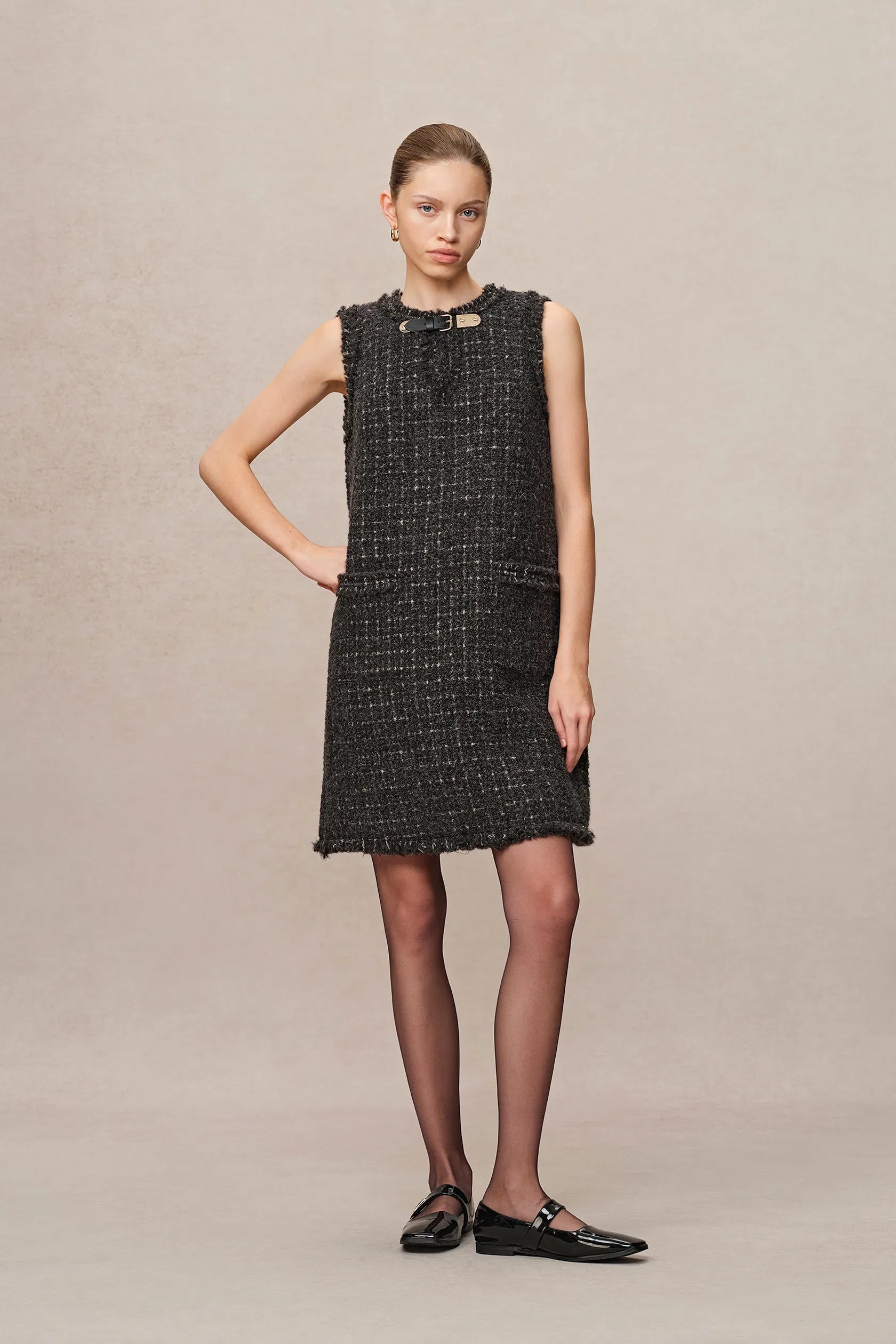 Althea Hand Applied Fringe Floral Dress in Wool Tweed with Metallic Threads