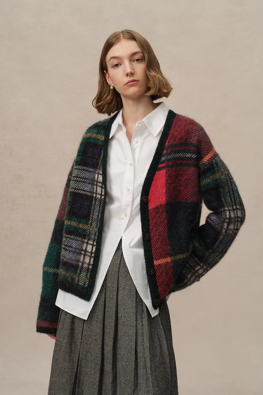 Scottic Plaid Jacquard Cardigan in Baby Alpaca-Merino Blend