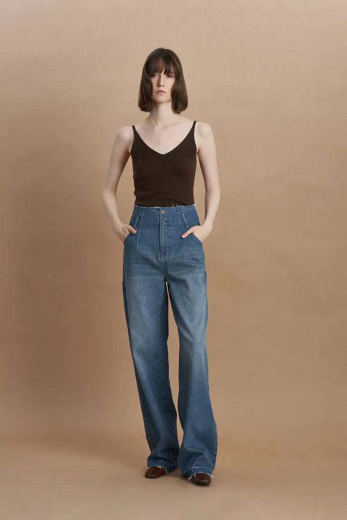 Vega High-Waisted Frayed Hem Jeans in Washed Cotton Denim