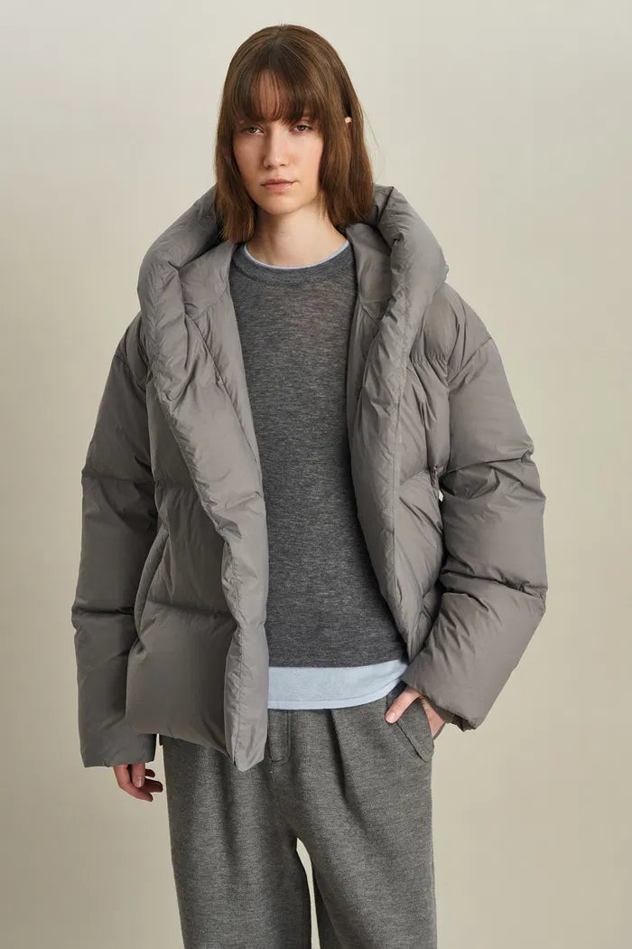 Iliana Gray Belted Hooded White Duck Down Jacket in Ultra Light Fabric