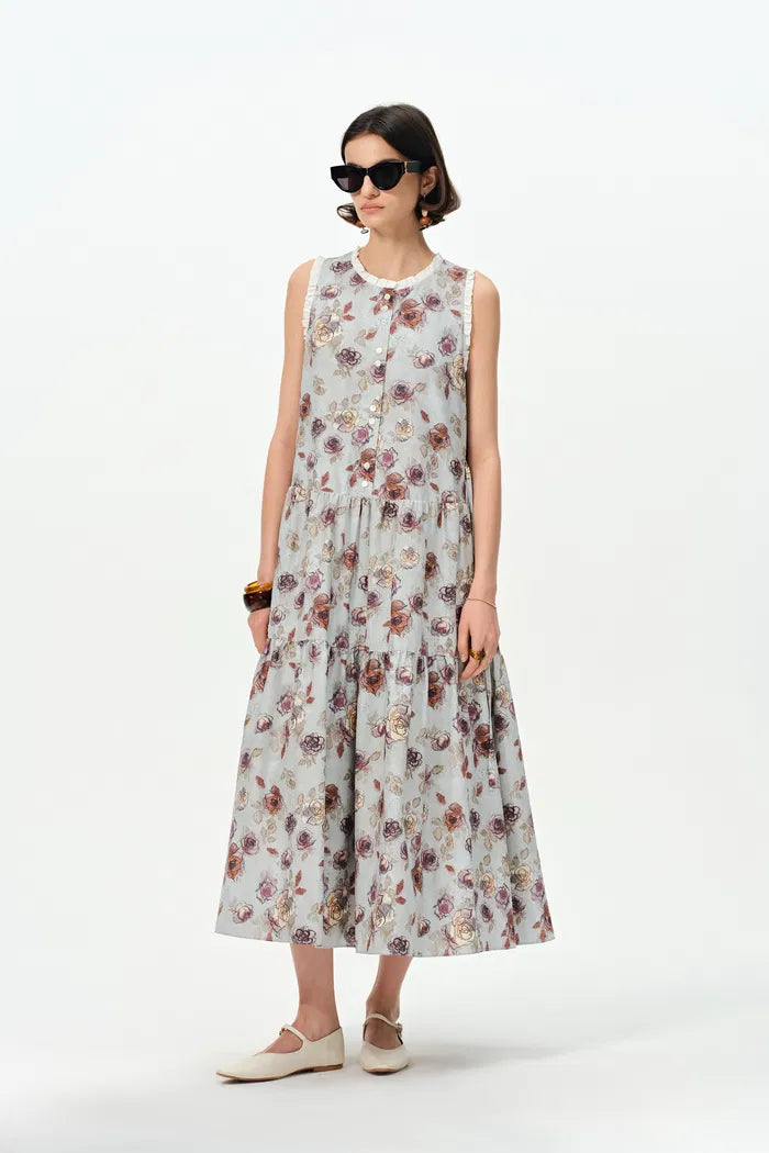 Sabrina Ruffle Hand Painted Flora Print Dress in Silk Cotton