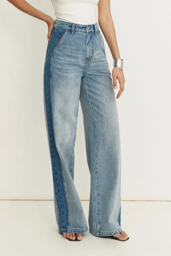 Clarisse Two Tone Mixed Fabric Jeans in Cotton Denim