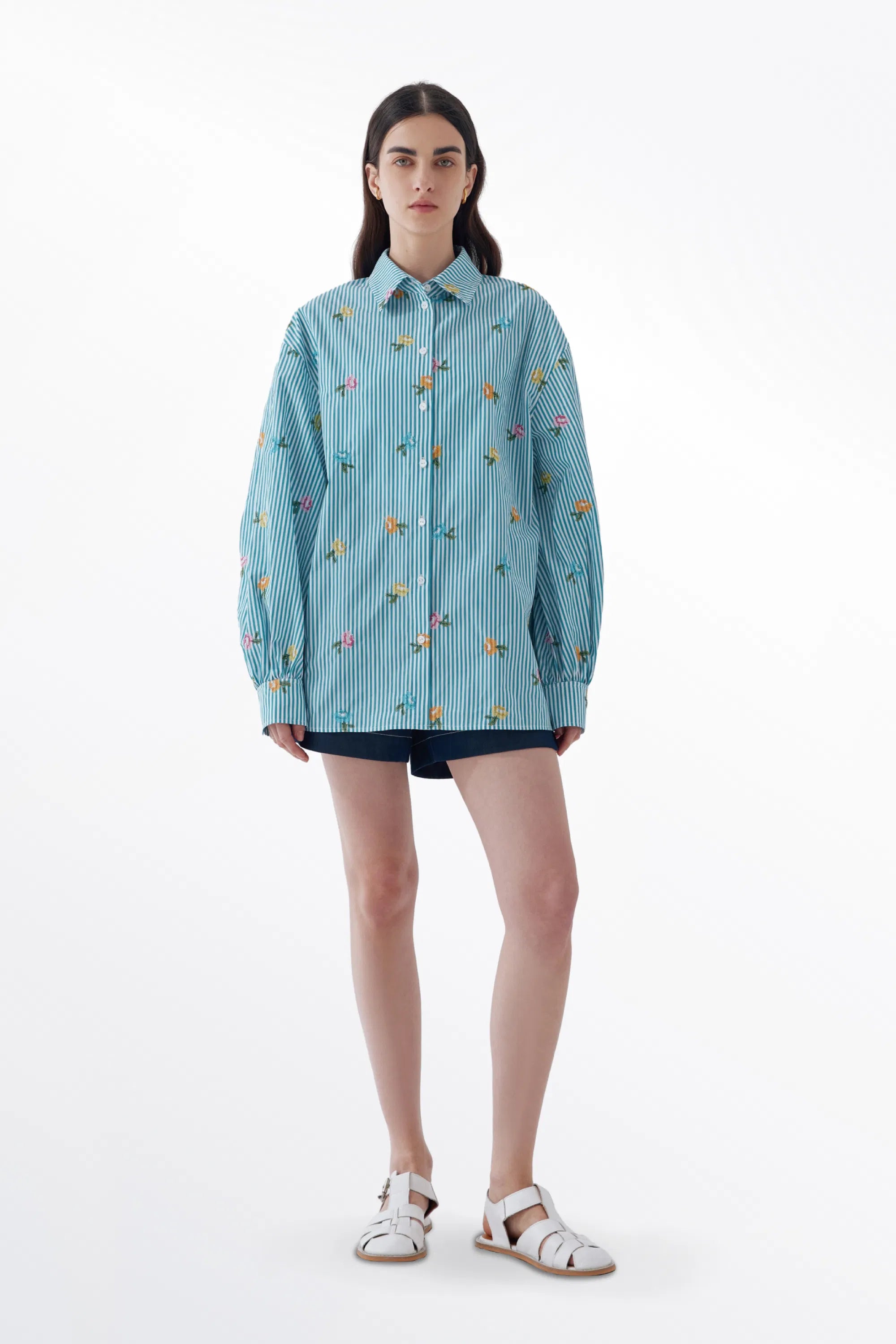 Suvi Striped Floral Embroidery Shirt in Combed Cotton