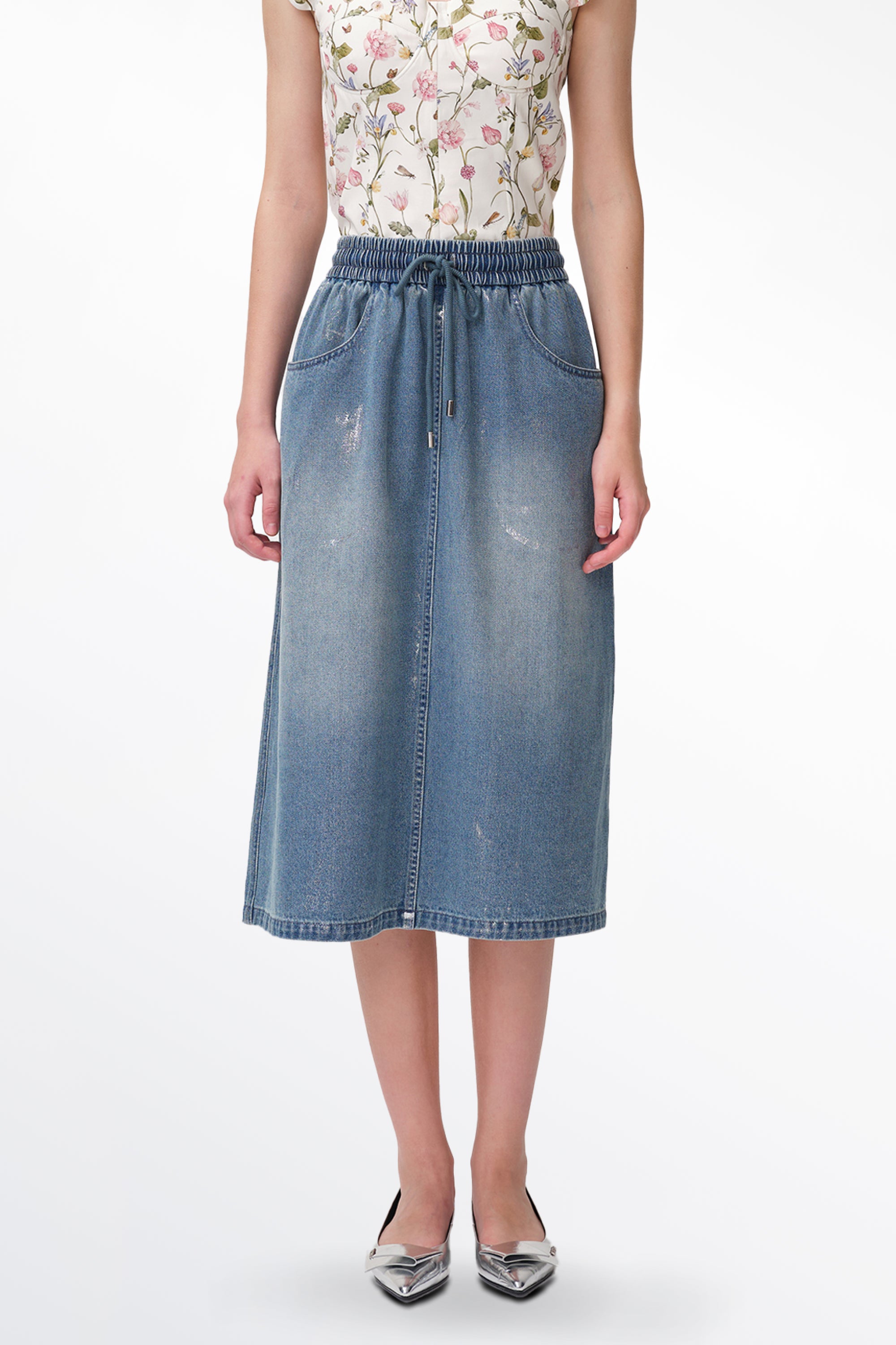Dulsie Shimmer Midi Skirt in Cotton Denim