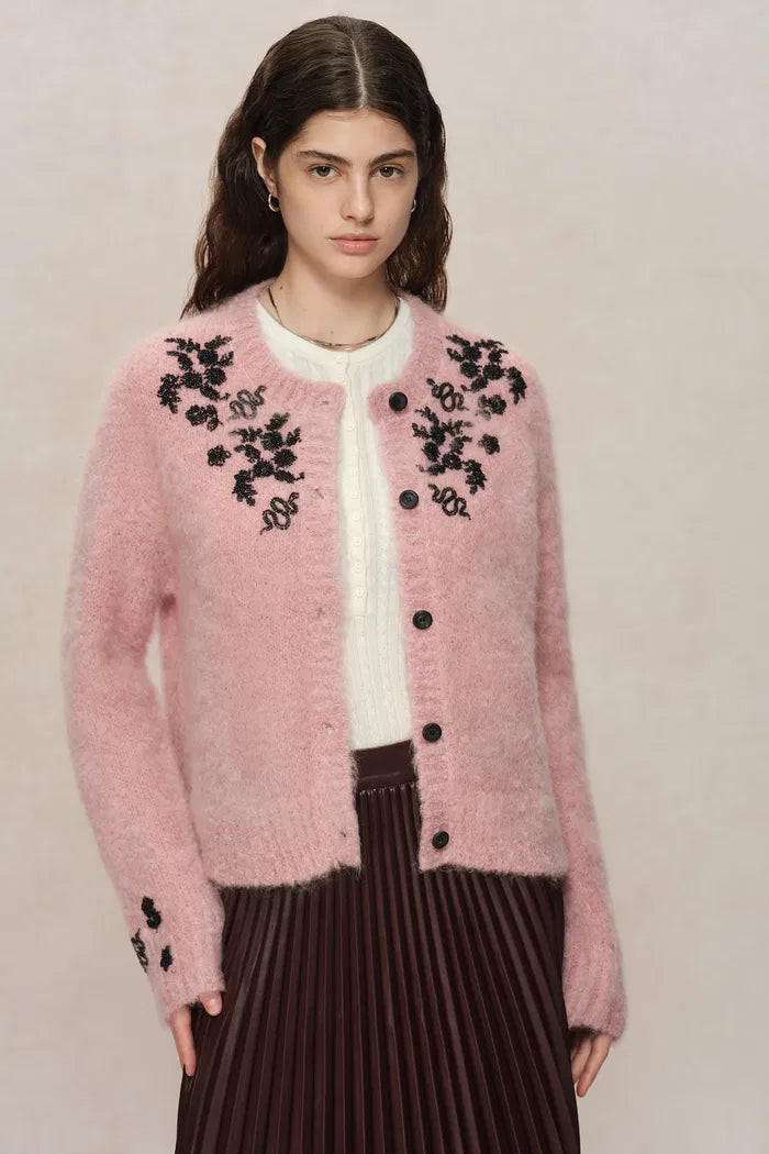 Lucy Pink French Beaded Snake Zodiac Cardigan in Mohair Knit