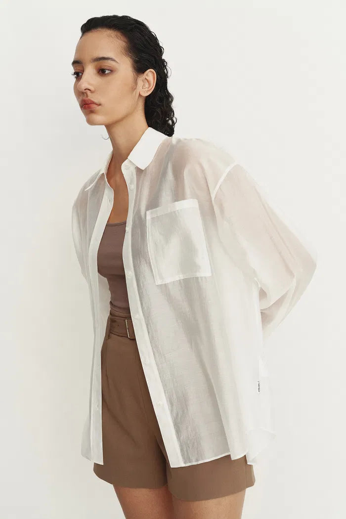 Bella White Sheer Button-Up Shirt in Organza