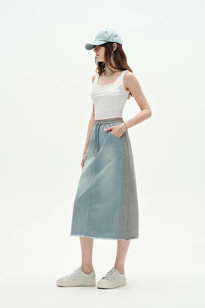 Elvin Patchwork Midi Skirt in Cotton Denim