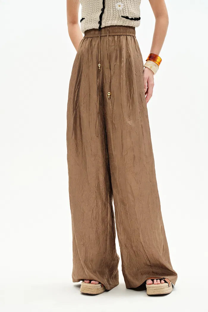 Louise Textured Loose Boho Pants in Wrinkled Satin