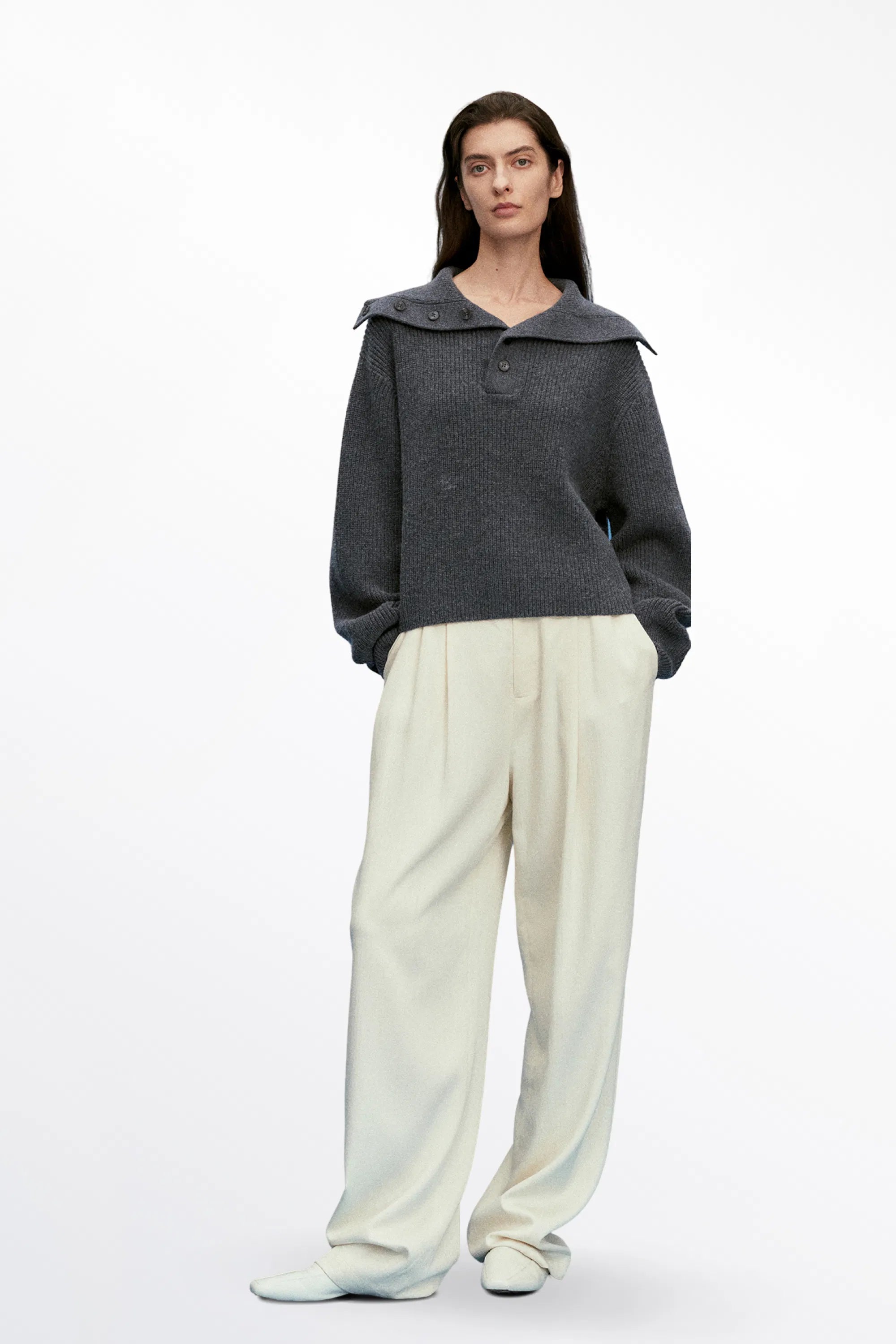 Perina Oversized Collared Pullover in Wool-Cotton Blend Knit