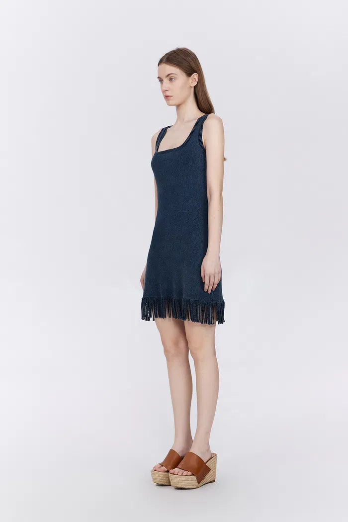 Victoria Fringed Hem Dress in Cotton Blend Knit