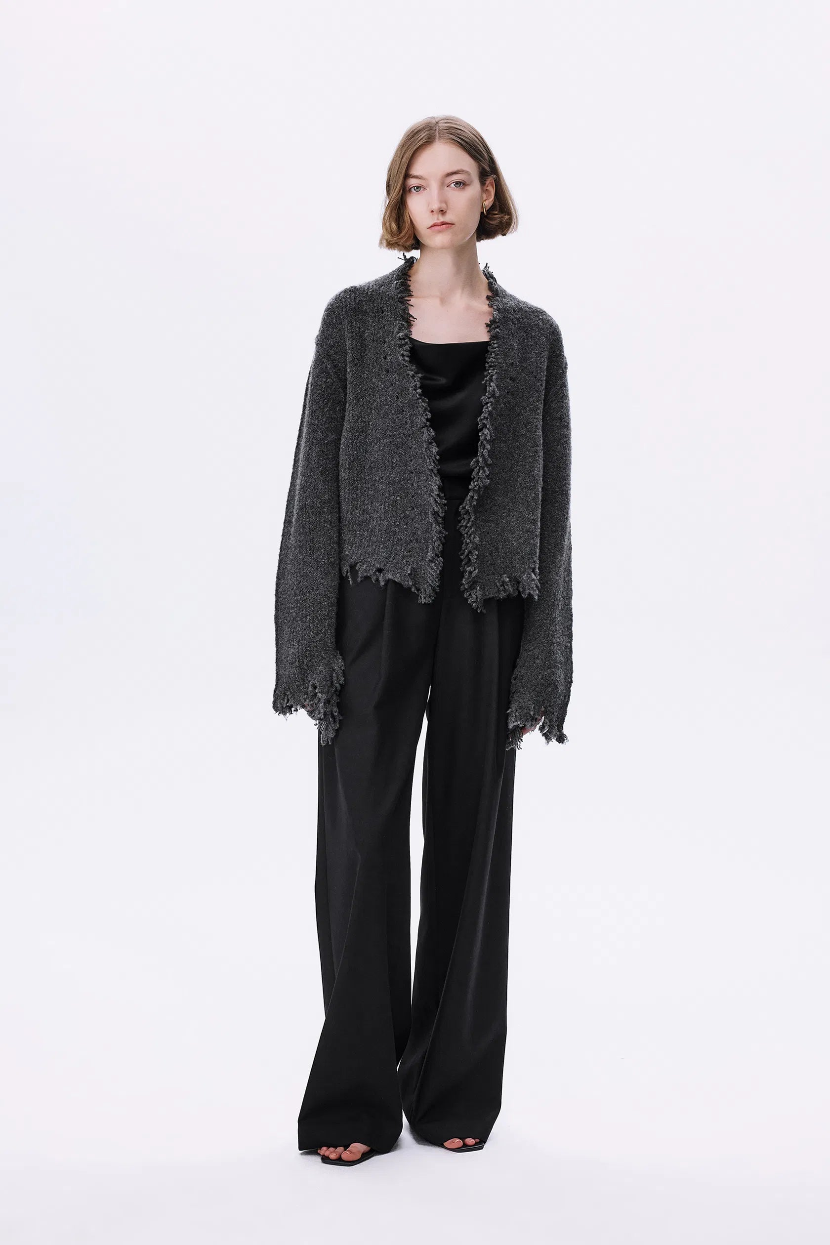 Vela Frayed Edge Open Cardigan in Wool Loop Knit