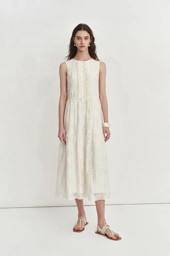 Stella Sleeveless Dress in Lyocell-Linen Embroidery