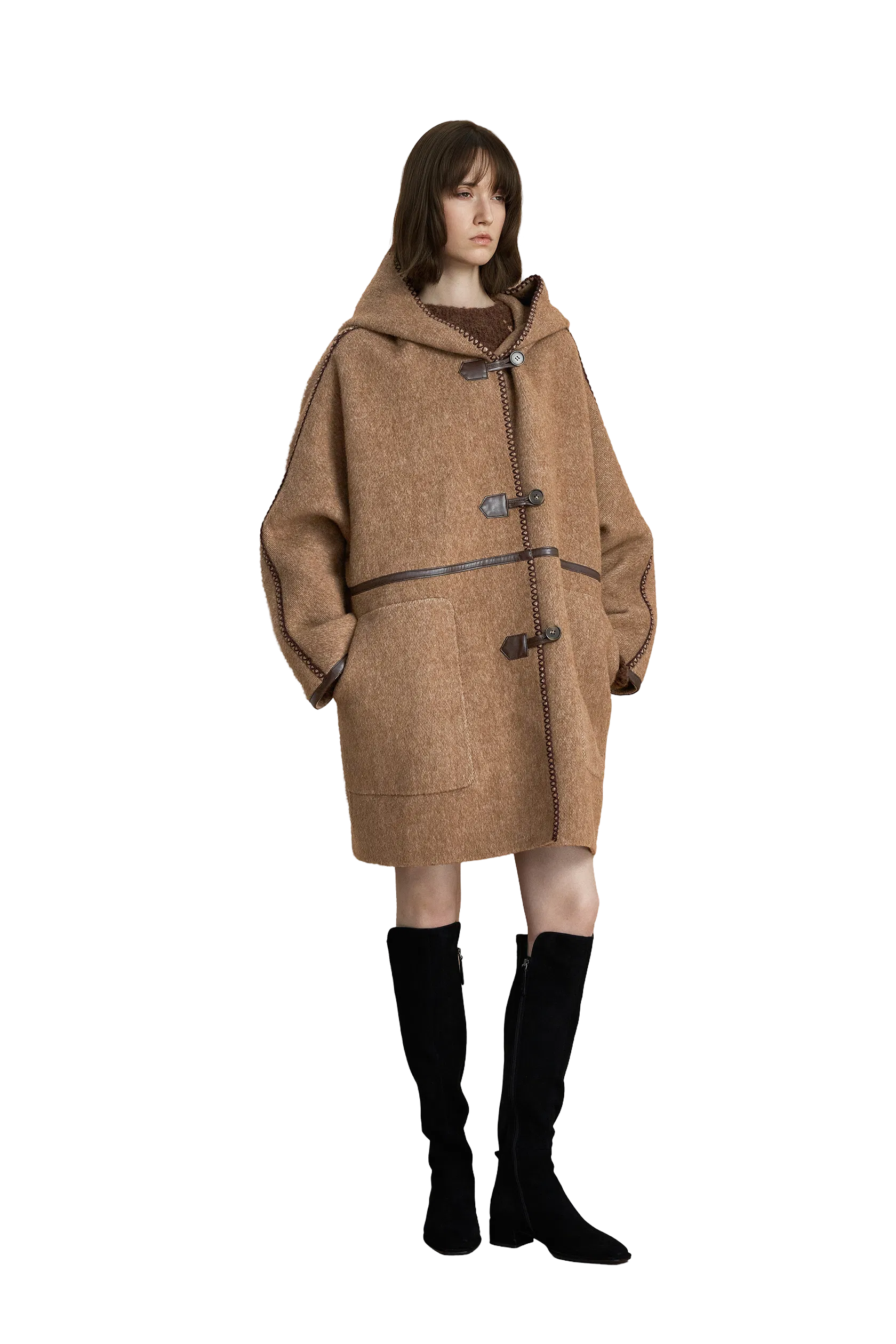 Paletot Inspired Overlock Stitch Hooded Coat in Alpaca Wool Twill