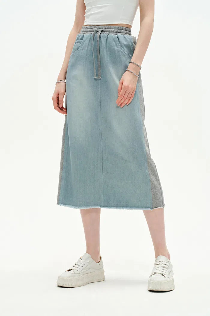 Elvin Patchwork Midi Skirt in Cotton Denim