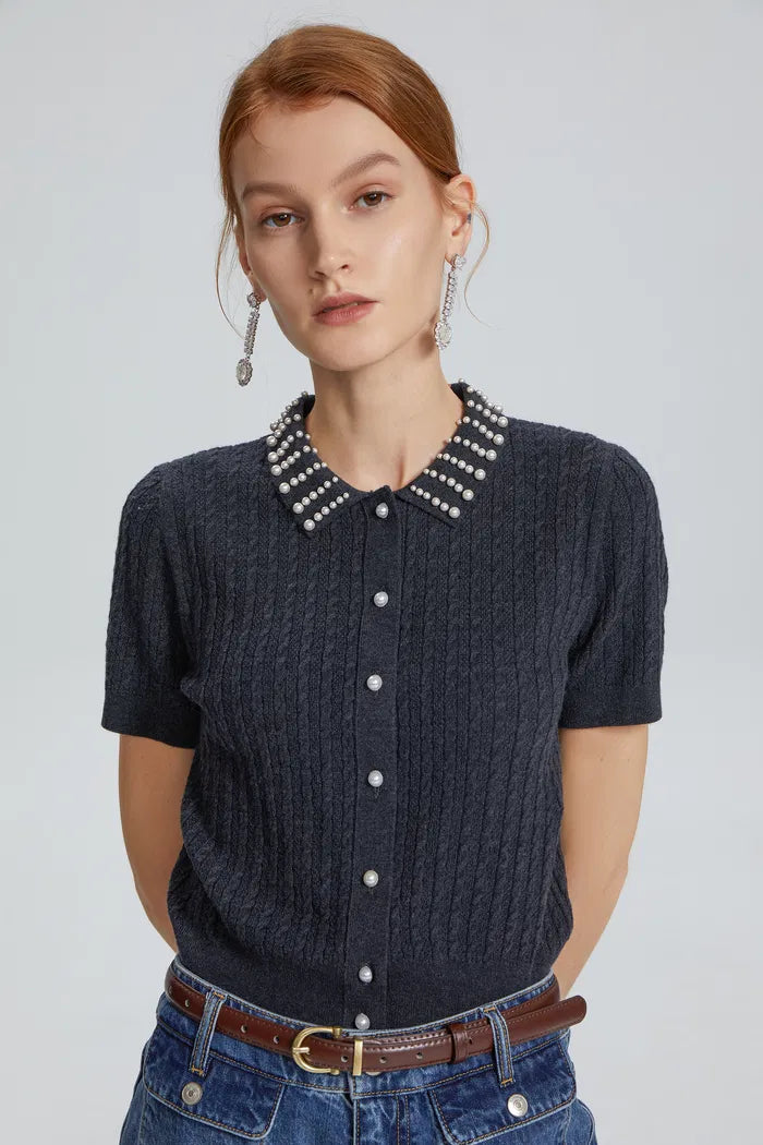 Cassiopea Pearl Embellished Polo Knit Top in Silk Wool Blend