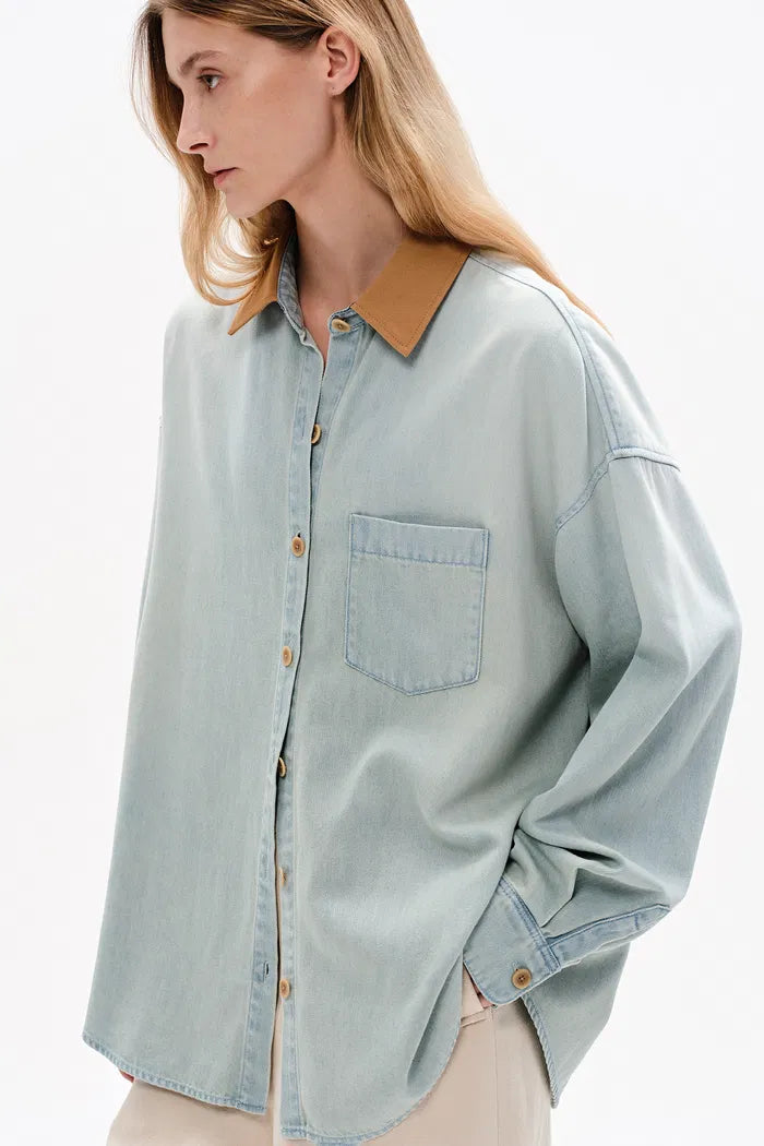 Myra Oxford Collar Denim Shirt in Cotton-Linen Denim