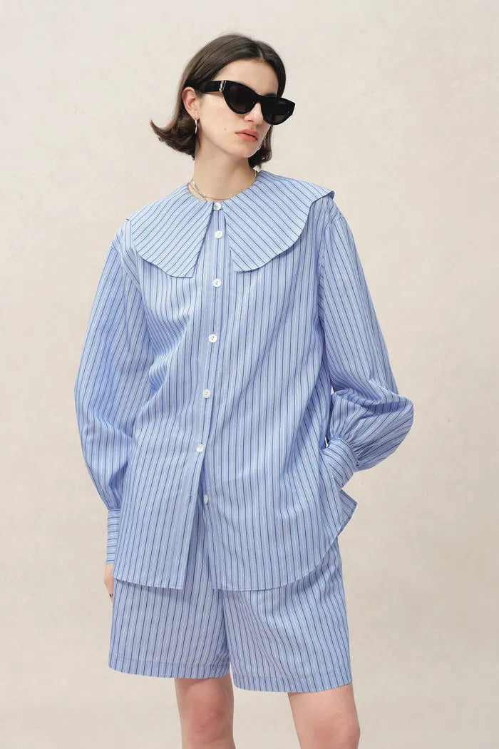 Fiona Detachable Collar Striped Shirt and Shorts Set in Lyocell