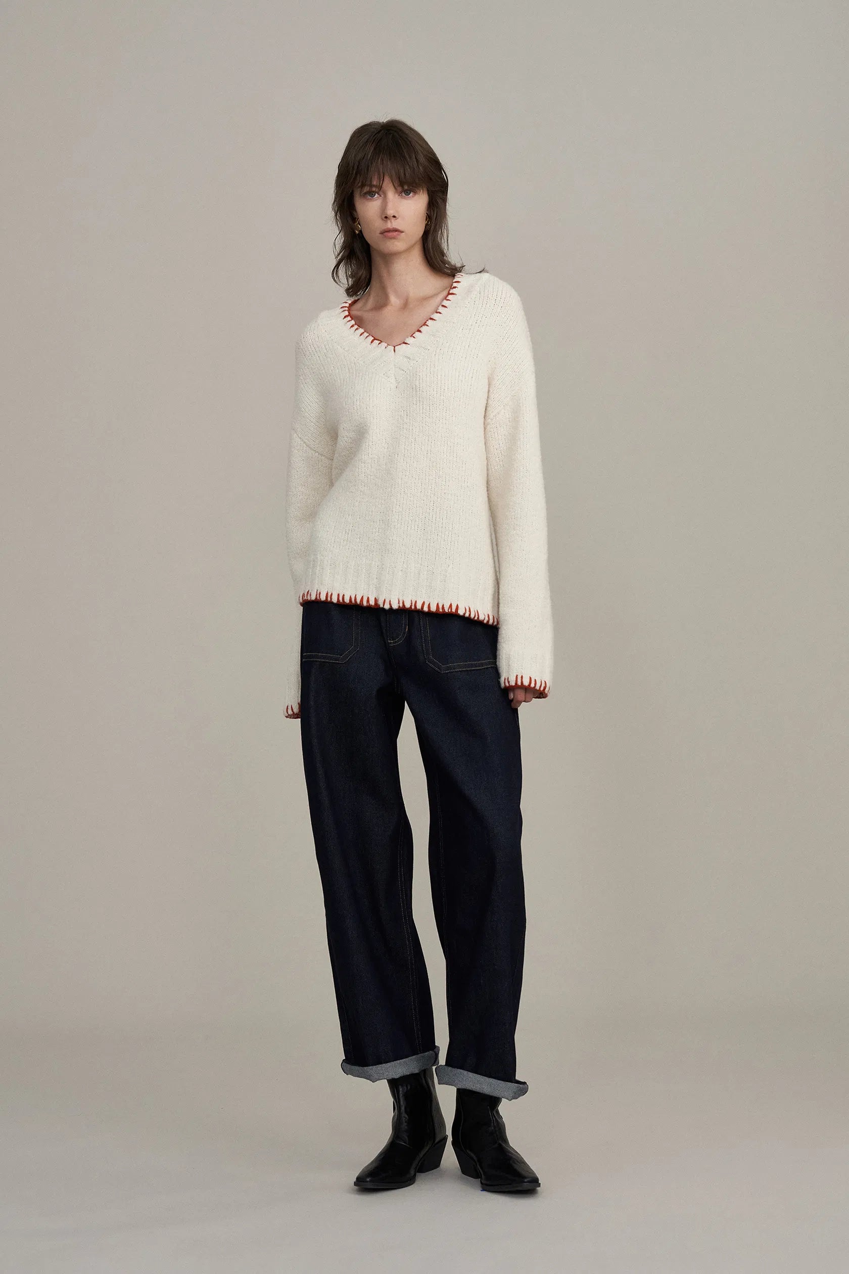 Inna Embroidered Trim Sweater in Wool Bouclé Knit