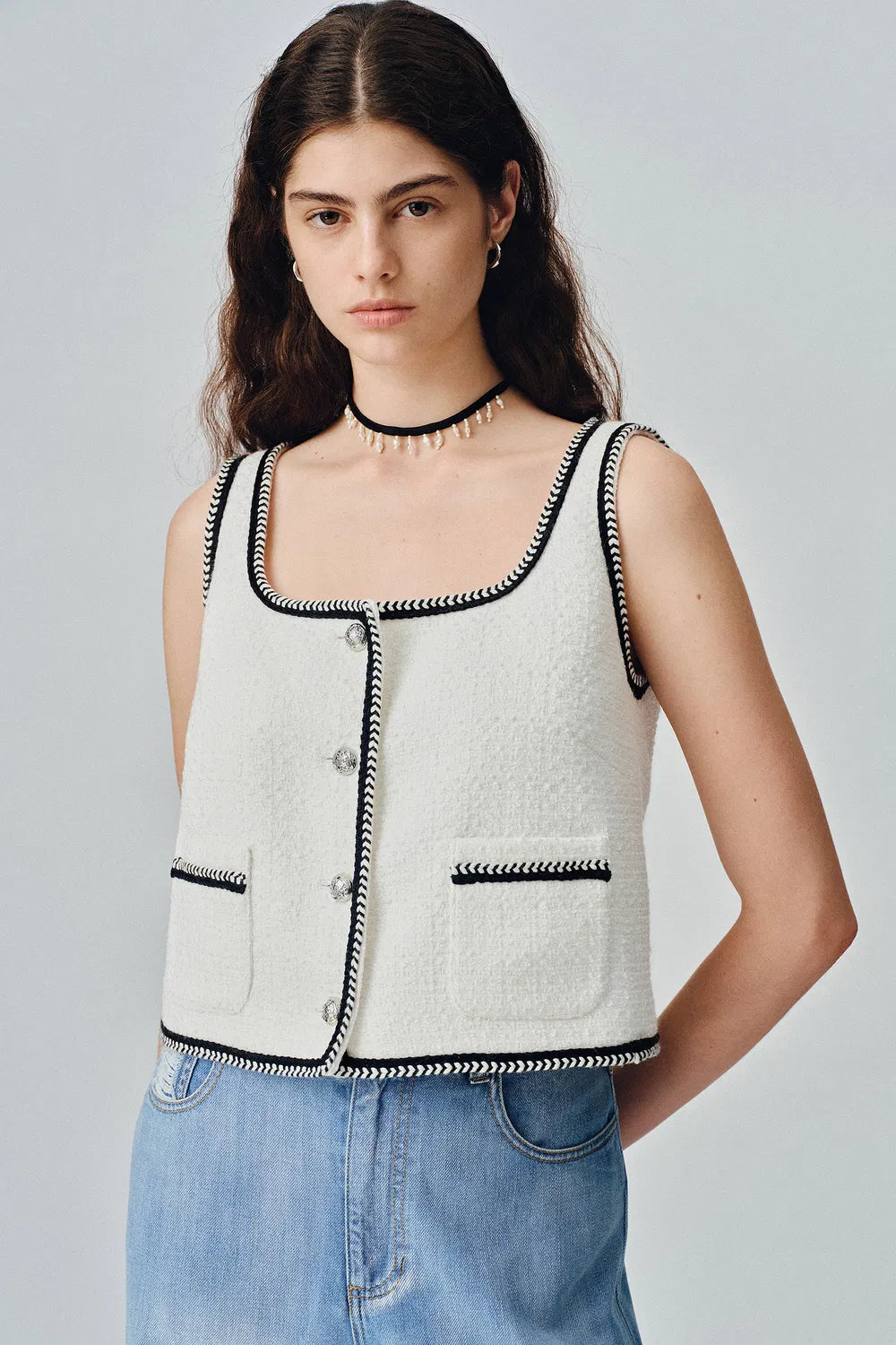 Hailey Square Neck Vest in Herringbone Wool Blend Tweed