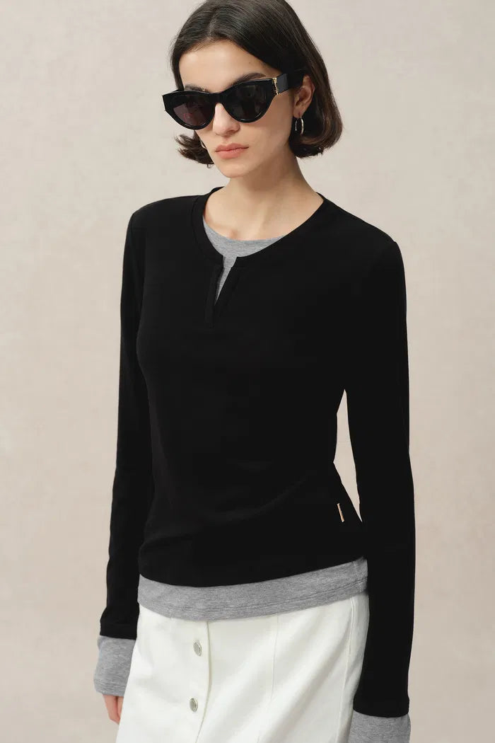 Maya Black and Grey Layered Look Long Sleeve Top in Tencel-Merino