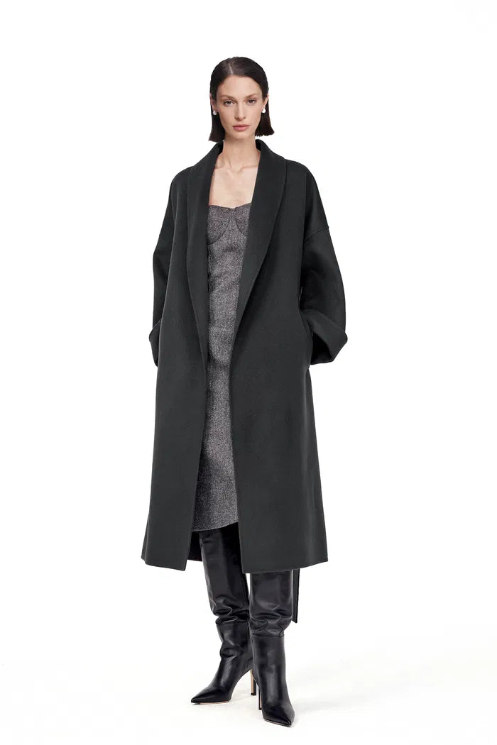 Joss Pewter Grey Funnel Neck Coat in Cashmere-Wool Blend